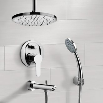 Tub and Shower Faucet Chrome Tub and Shower System with Rain Ceiling Shower Head and Hand Shower Remer TSH36